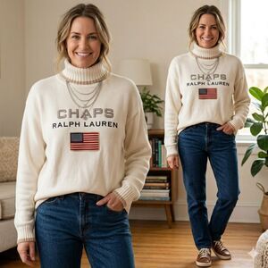 Vintage Chaps Ralph Lauren Flag Turtleneck – 100% Cotton Hand-Framed Sweater